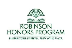 Robinson Honors Program logo featuring a stylized tree and open book, representing academic excellen.
