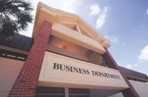 Business Department building at Pensacola State College, Florida, for higher education and business.