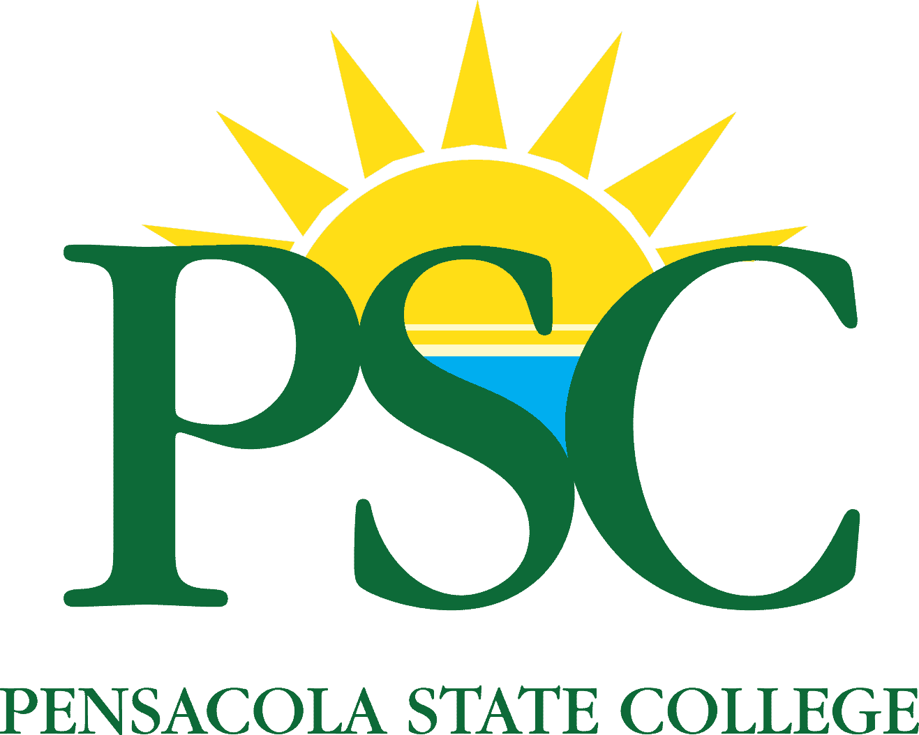 Sun and water-themed Pensacola State College branding logo for higher education marketing.