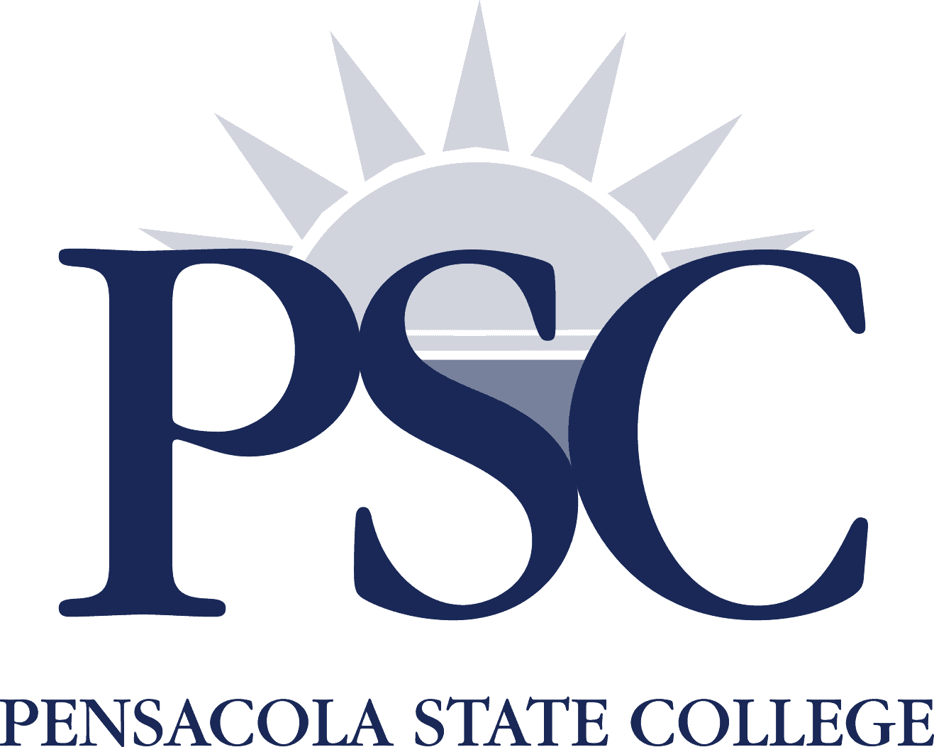 Pensacola State College logo featuring sunburst and college name for branding and marketing.