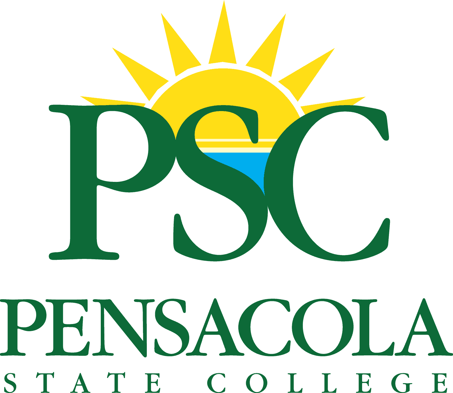 Sunrise over Pensacola State College logo featuring sun, water, and college name for higher educatio.