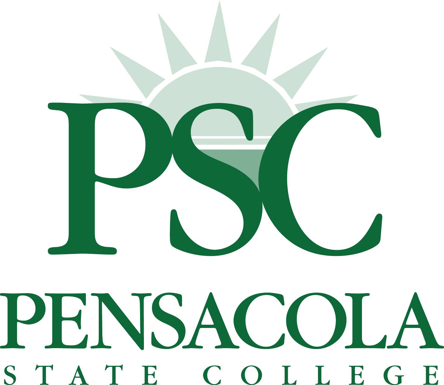 Pensacola State College branding logo with sunburst design and college name.
