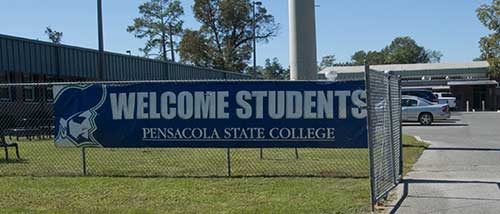 Welcome students at Pensacola State College with this campus entrance sign.