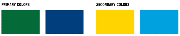Vibrant branding color palette including green, blue, yellow, and cyan for college branding and mark.