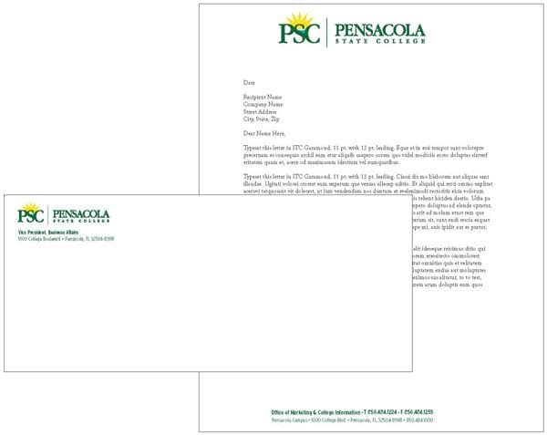 Pensacola State College branding and official letterhead for educational identity.