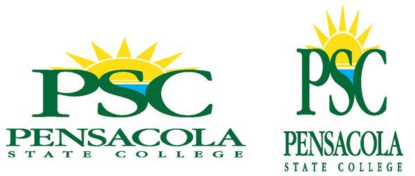 Pensacola State College branding logo with sun motif and college name.
