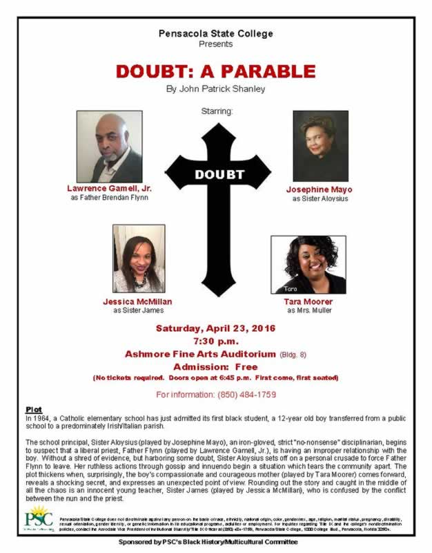A Parable - PSC stage play poster promoting college theater production on April 23.