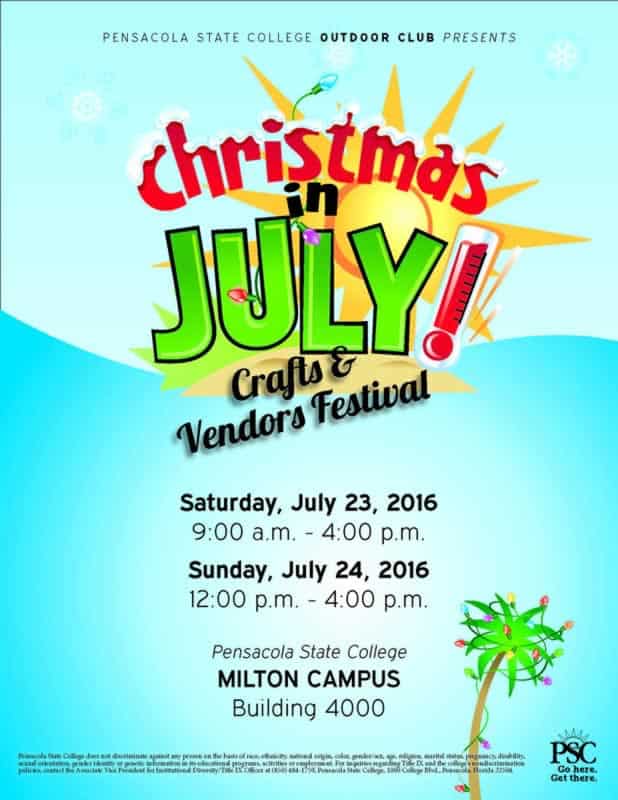 Outdoor College event promoting holiday crafts and vendor booths at Pensacola State College Milton C.