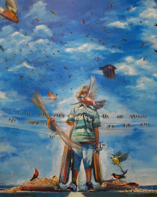 Colorful mural depicting a child holding a bird, surrounded by flying birds against a bright blue sk.