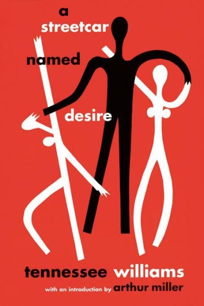 A poster for "A Streetcar Named Desire" featuring stylized figures on a red background.