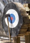 Axe-throwing target on a wooden log for recreational sport and skill development.
