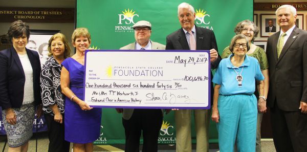 Scholarship donation check presentation for T.T. Wentworth Jr. Endowed Chair at Pensacola State Coll.
