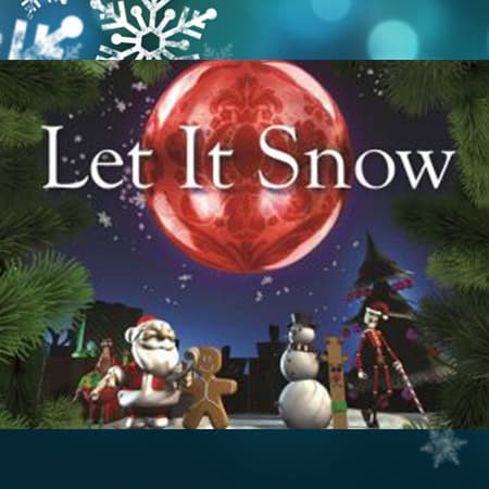 Festive holiday scene with snowmen, Santa, and Christmas decorations for college holiday event.