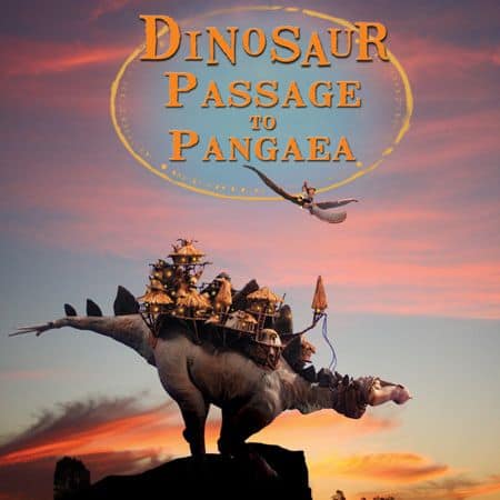 Ancient dinosaur scene with a flying pterosaur over a prehistoric landscape at sunset.