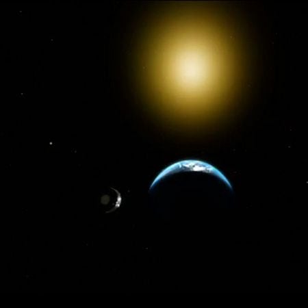 Space image showing Earth, the Sun, and distant celestial bodies in the solar system.