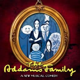 The Addams Family musical poster featuring Gomez, Morticia, Wednesday, Pugsley, and Lurch in a gold.