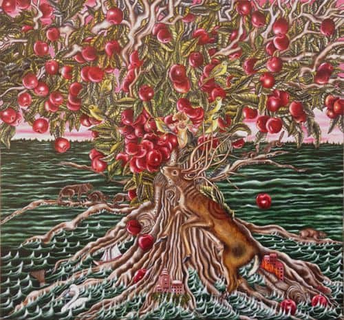 Colorful apple tree artwork featuring lush leaves, ripe red apples, and intricate roots, displayed a.