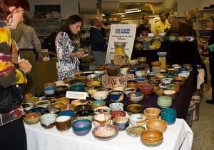 Colorful ceramic bowls displayed at the 10th Anniversary event.