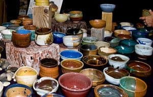 Colorful handmade pottery bowls at the Pick a Bowl celebration.