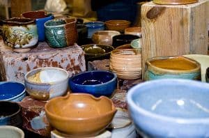 Colorful handmade pottery bowls for Fill a Bowl event at Pensacola State College.