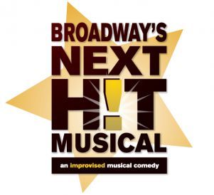 Vibrant poster for Broadway&rsquo;s Next H!T Musical, a popular improv comedy show at Pensacola State Coll.