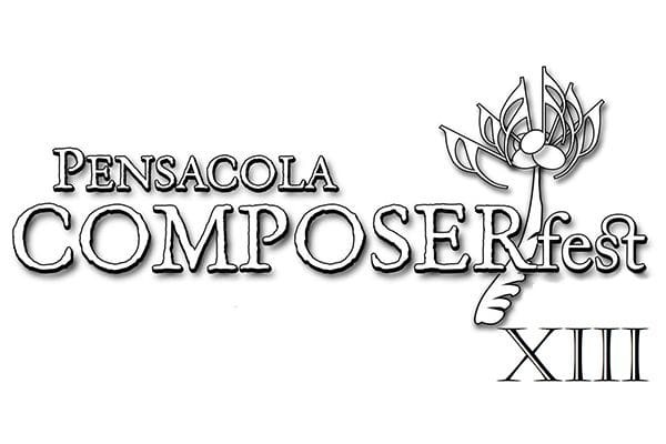 Event poster for Pensacola ComposerFest XIII featuring musical flower graphic and festival details.