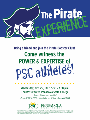 Engaging image promoting The Pirate Experience event for PSC athletes and college community.