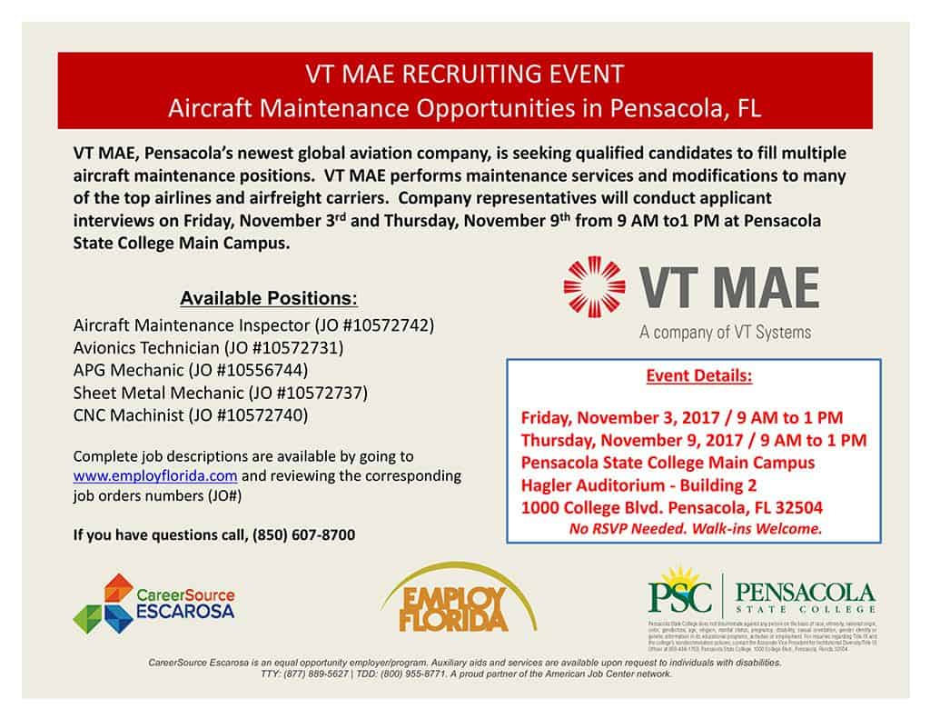Aircraft Maintenance Technician, Avionics, Mechanical, CNC Machinist.