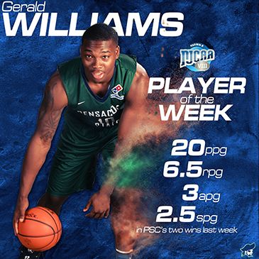 Gerald Williams, PSC basketball player, recognized as Player of the Week for outstanding performance.