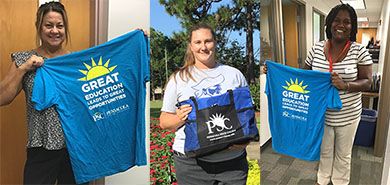 Students holding promotional T-shirts for Pensacola State College's educational programs and communi.