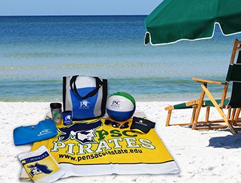 Beach gear with Pensacola State College logo, including towel, cooler, and accessories.
