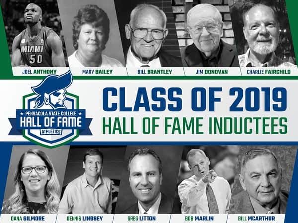 Portraits of distinguished 2019 Hall of Fame inductees at Pensacola State College athletics event.
