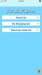 Mobile app interface showing guest, shopping, and thank you card lists for event planning.