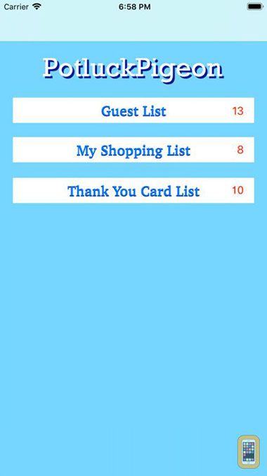 Mobile app interface showing guest, shopping, and thank you card lists for event planning.