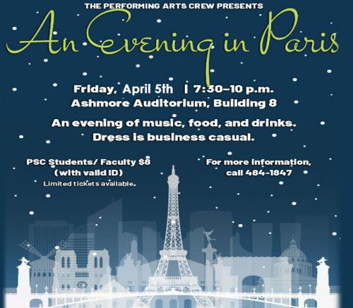 Event poster for "An Evening in Paris" featuring music, food, drinks, and dress code details.