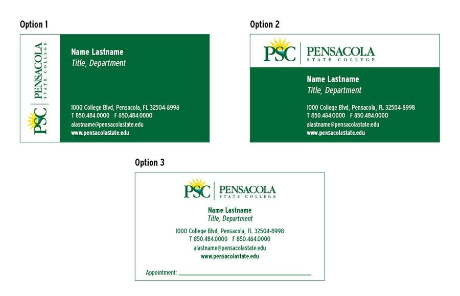 Pensacola State College professional branding business card with college logo and contact informatio.