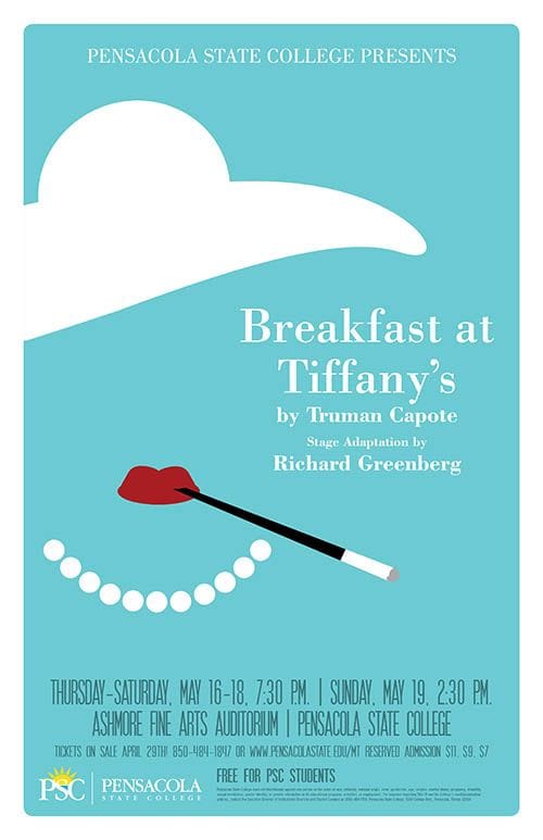 Breakfast at Tiffany&rsquo;s theater production poster for Pensacola State College event.
