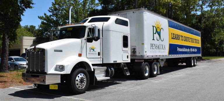 Semi-truck for commercial vehicle driving training at Pensacola State College campus.