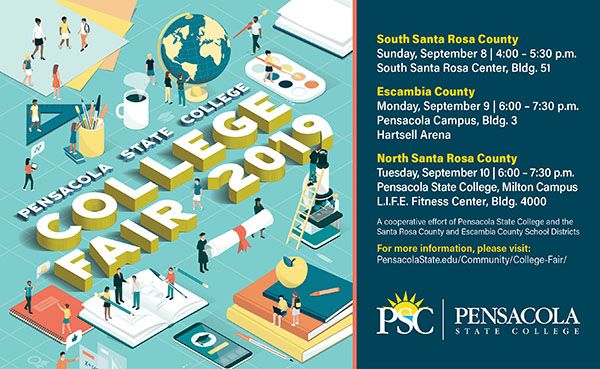 Accessible, high-visibility image promoting college fairs in Pensacola, Escambia, and Santa Rosa cou.