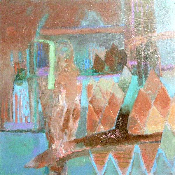 Abstract painting featuring geometric shapes and vibrant colors, showcasing modern artistic expressi.