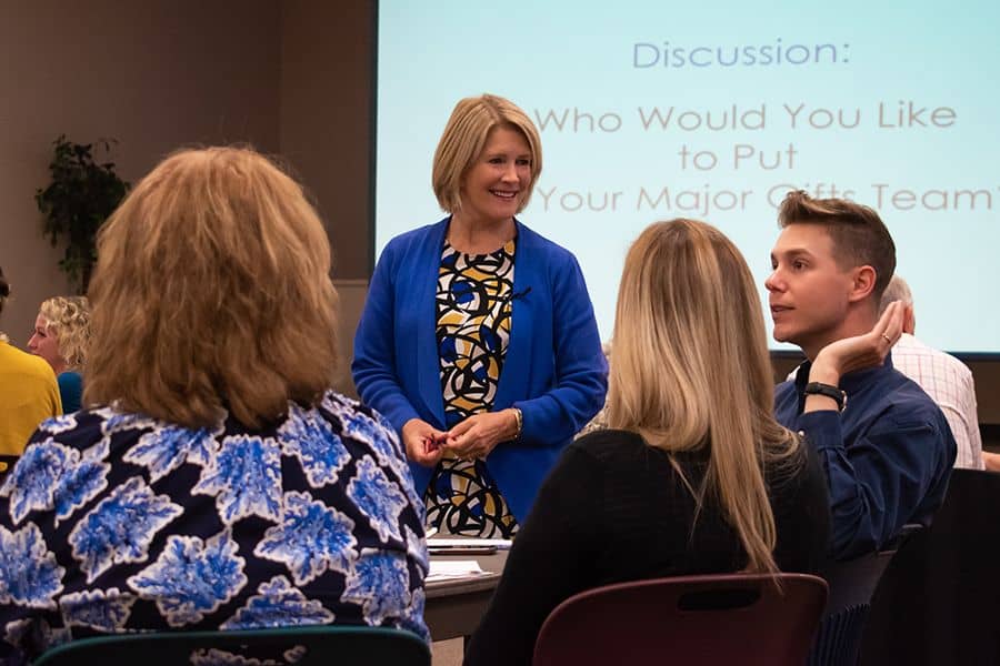 Gail Perry facilitates engaging fundraising workshop with college and university development teams.