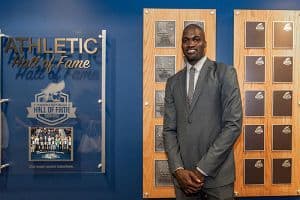 An official Pensacola State College staff member at the Hall of Fame event.