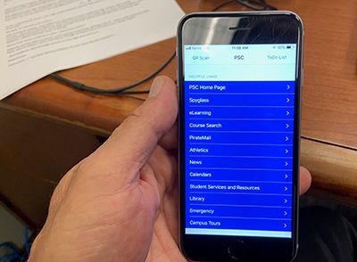 Mobile app interface for Pensacola State College on iPhone, enhancing student access to campus resou.