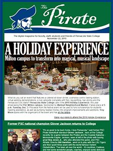 Festive holiday celebration with decorations, food, and student activities at Pensacola State Colleg.