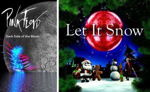 Festive holiday scene with Christmas ornaments, snowmen, and Santa Claus for PSC&rsquo;s planetarium holid.