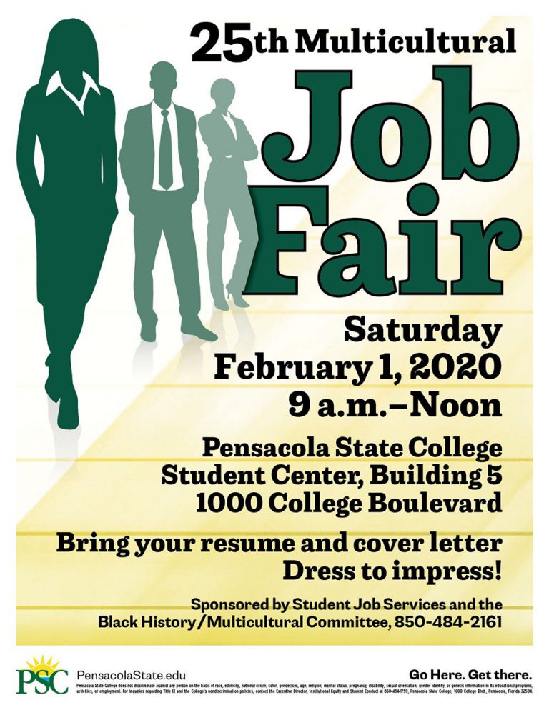 Multicultural job fair at Pensacola State College with diverse professionals and students.