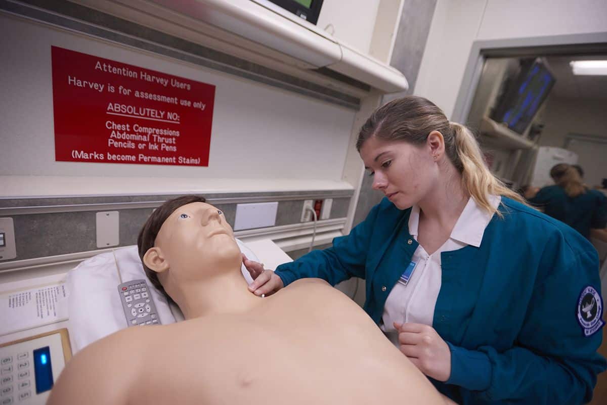 Nursing student performing patient assessment on mannequin in healthcare training lab.