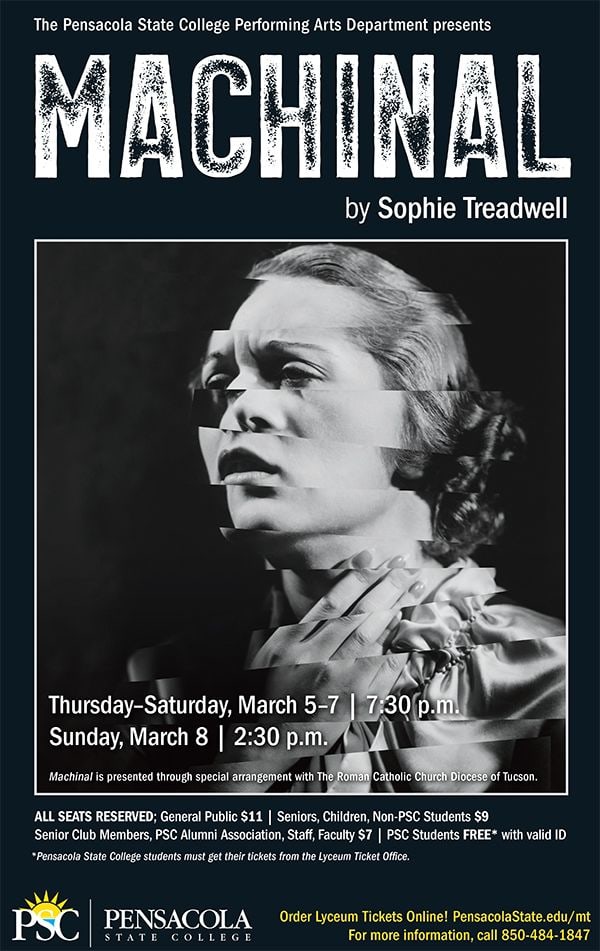 Black and white image of a woman in vintage attire, audition announcement for Machinal play.