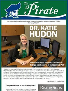 Student Affairs staff member Dr. Katie Hudon at Pensacola State College, promoting higher education.
