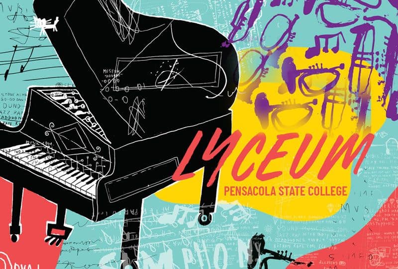 Piano and musical instruments at Lyceum event, Pensacola State College campus.